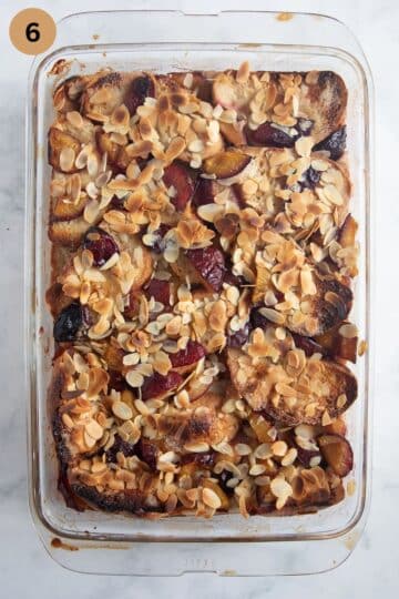 baked plum bread pudding in the baking dish.