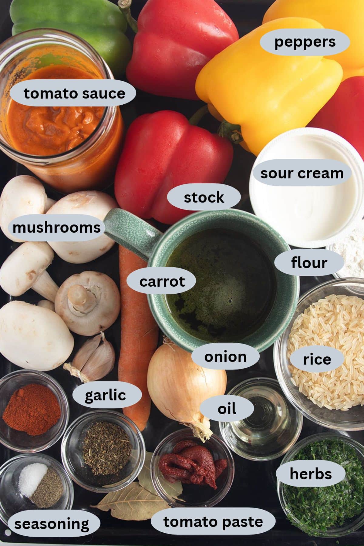 labeled ingredients for making stuffed peppers with mushrooms, rice, tomato sauce, and sour cream.