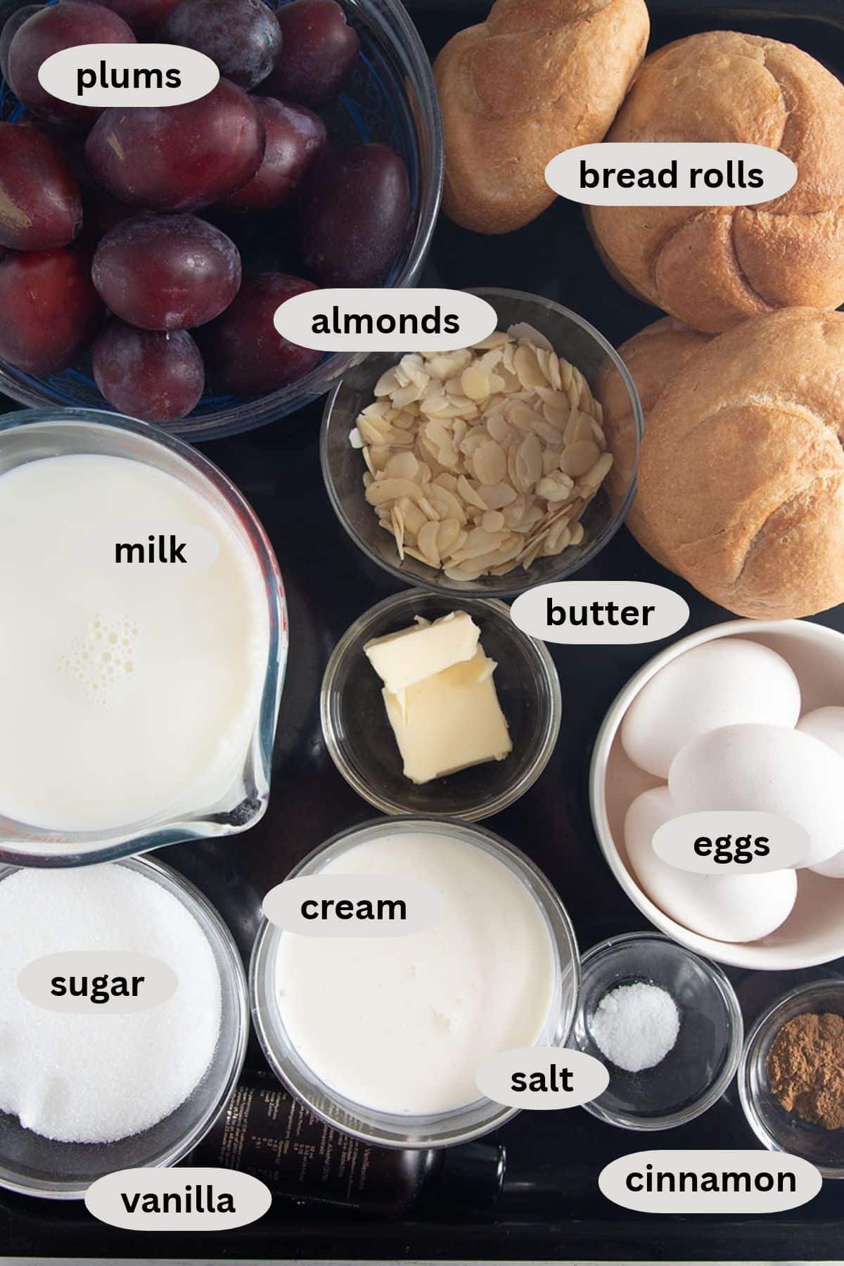 labeled ingredients for making bread pudding with plums, bread rolls, milk, cream, eggs, butter, almonds and cinnamon.